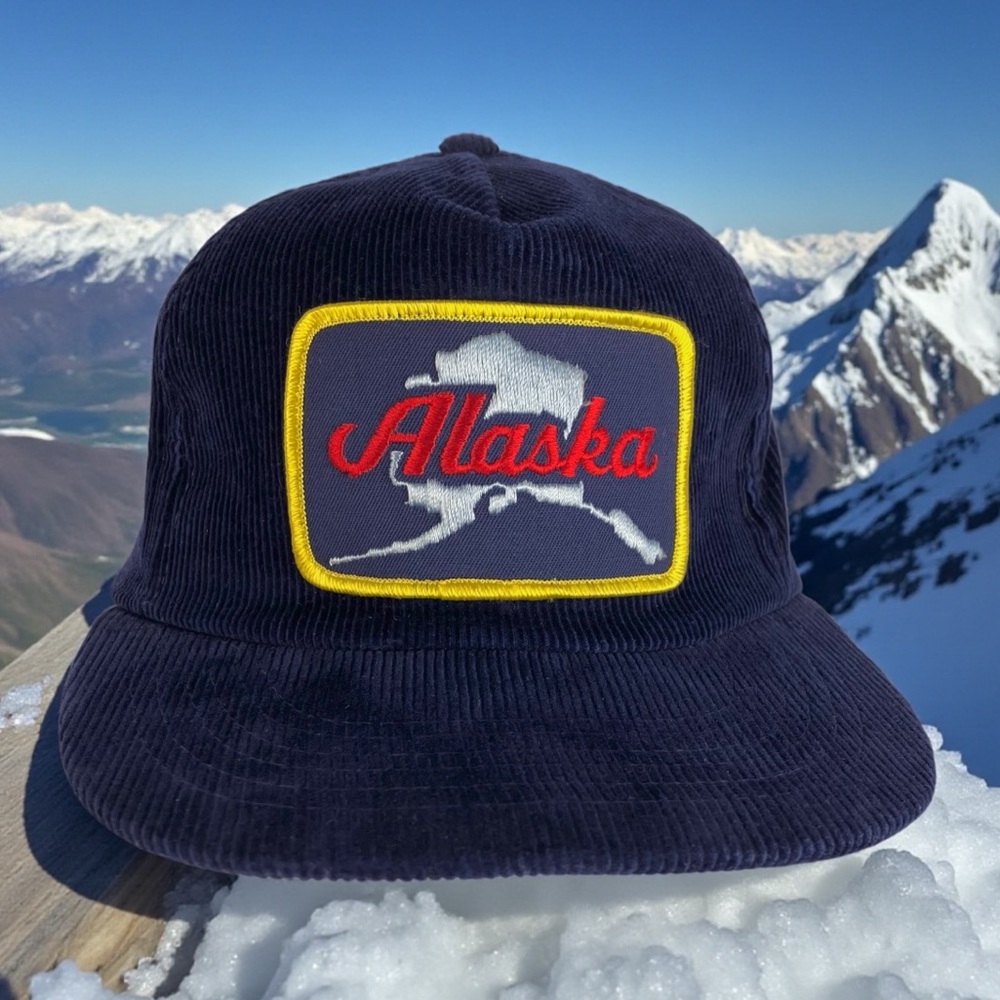 Vintage Alaska Snapback Trucker Hat IAAC Sam Jung 100% Cotton Navy Corduroy